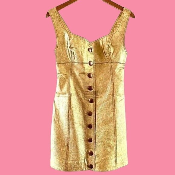free people leather sleeveless goldie mini dress size 4 NWT gold - Picture 1 of 11